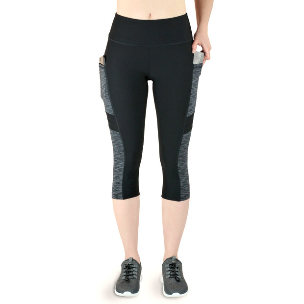 Variosports® Fitness Sport-Capri 3/4 Leggings mit 3 Seitentaschen für Handy etc., grey-black