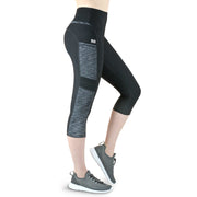 Variosports® Fitness Sport-Capri 3/4 Leggings mit 3 Seitentaschen für Handy etc., grey-black